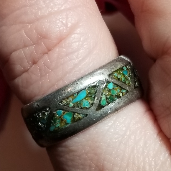 Relisted -vintage inlay ring crushed stone silver tone 8.75  8 3/4 - Picture 2 of 16